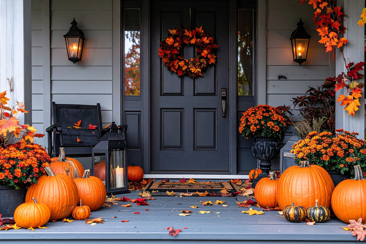 front porch decorated for the fall with pumpkins and orange flowers