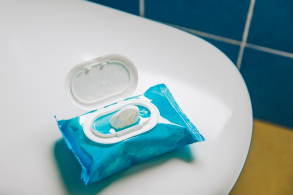 Flushable wipes package on counter