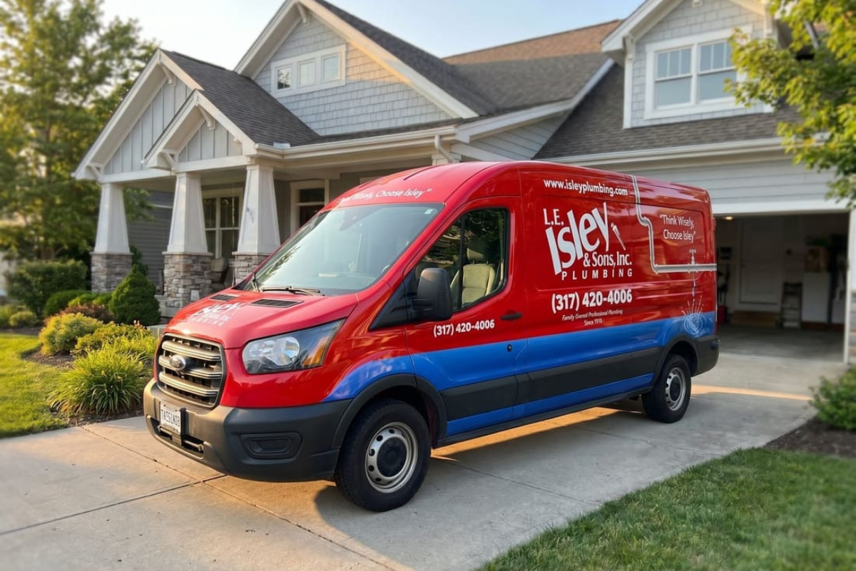 Isley Plumbing van outside a home