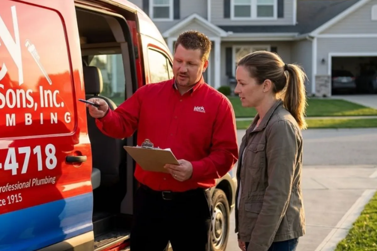 Isley Plumbing employee with customer