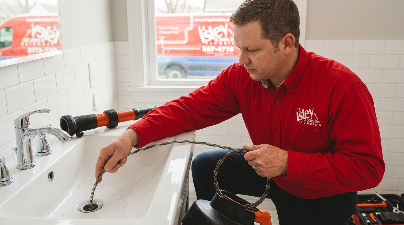 Isley plumber clearing a clogged kitchen sink drain