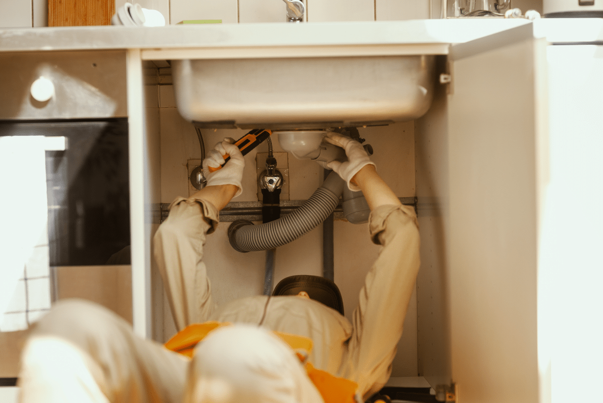 Plumber working under a kitchen sink