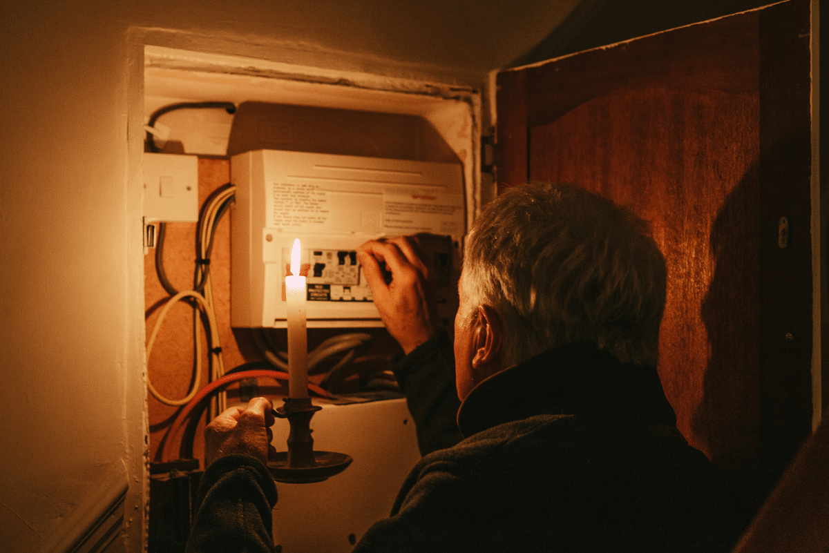 Man looking at electrical panel holding a candle